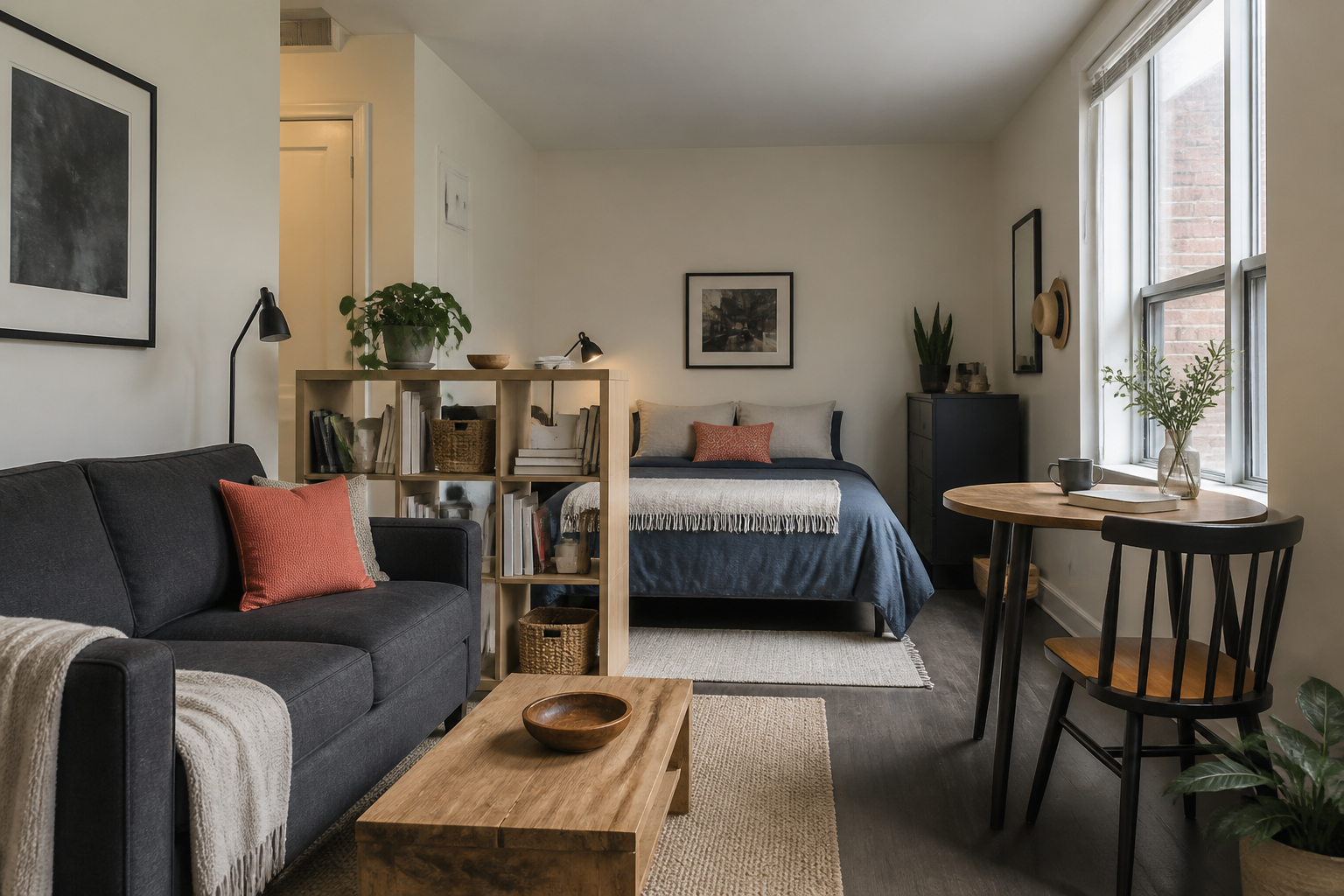 Compact studio apartment with a sofa, open bookcase divider, bed and small work table