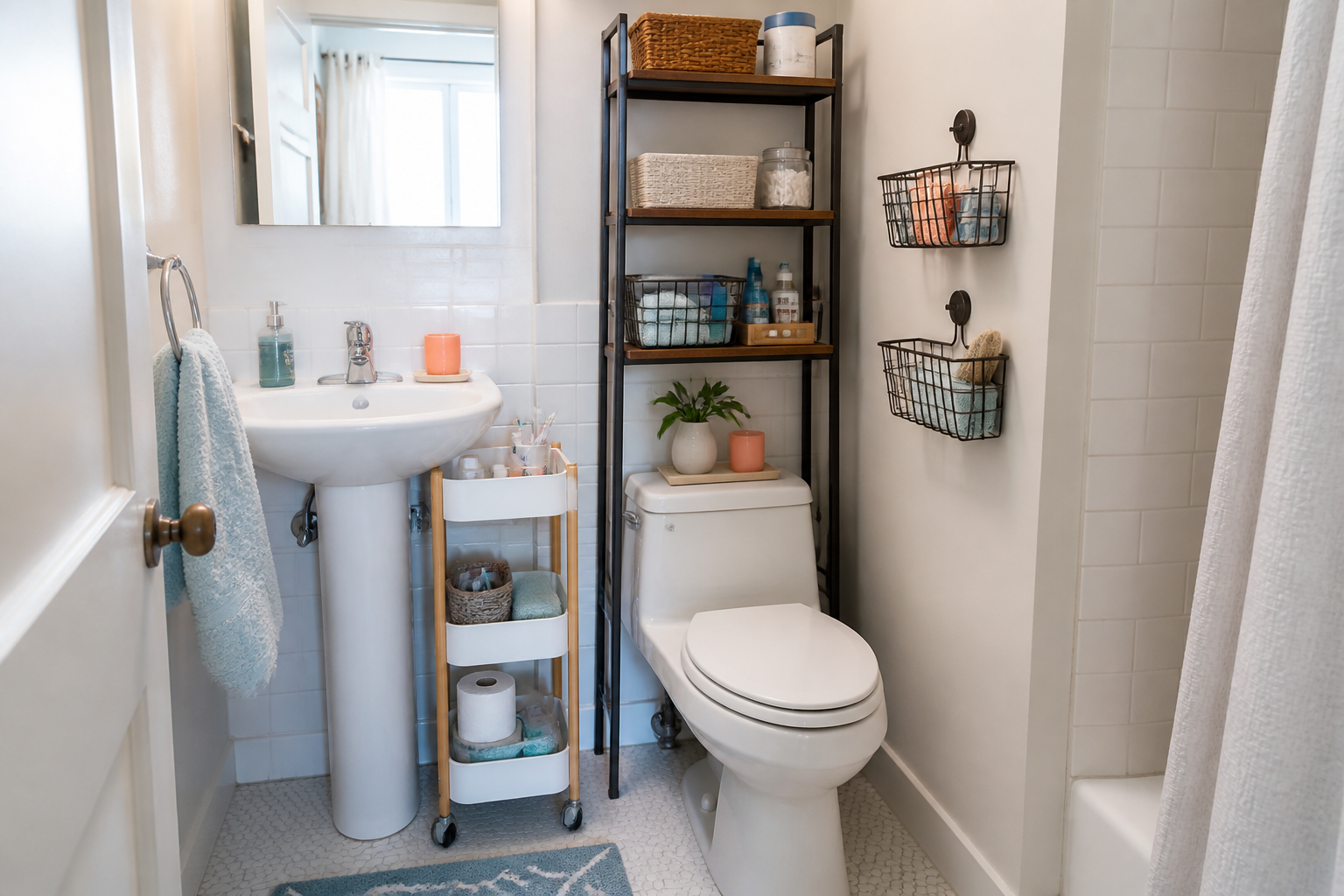Compact bathroom organized with a slim cart, over-toilet shelving and removable wall baskets