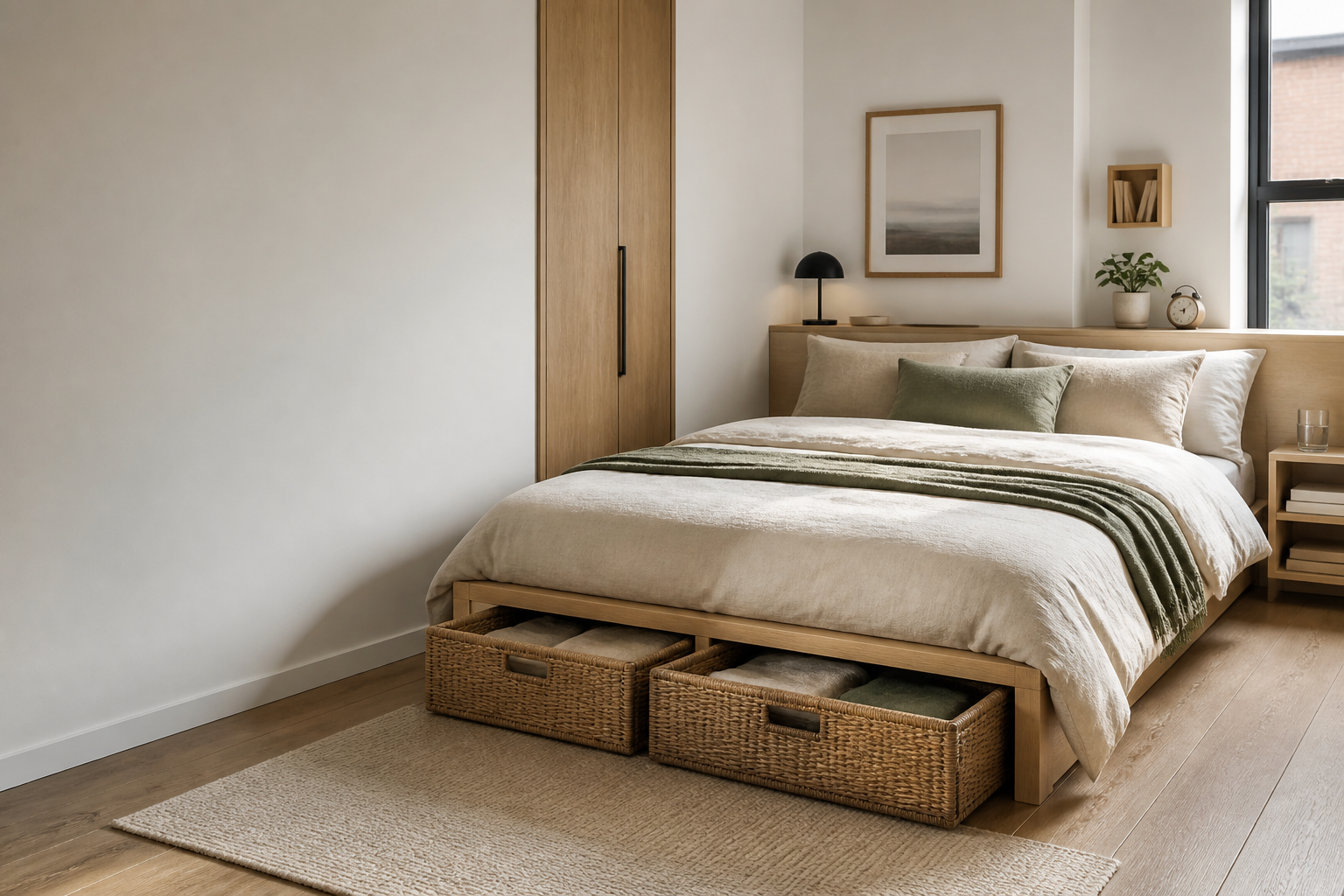 Calm compact bedroom with woven storage baskets beneath the bed