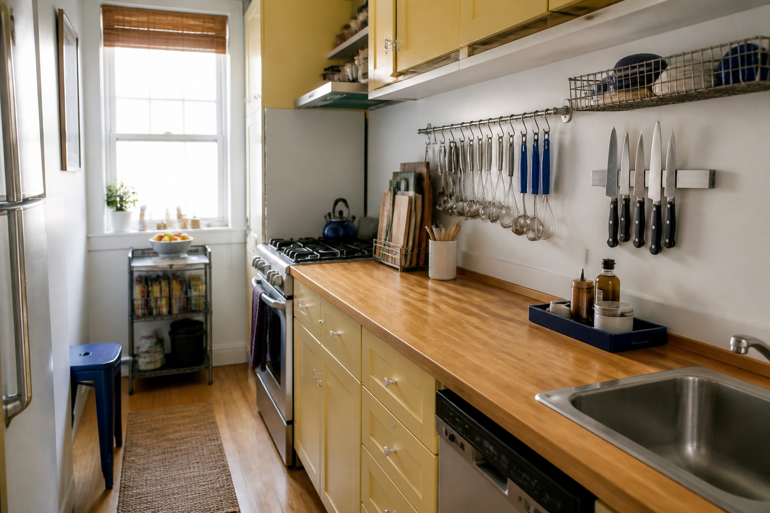 Compact yellow galley kitchen with an open counter and organized wall storage