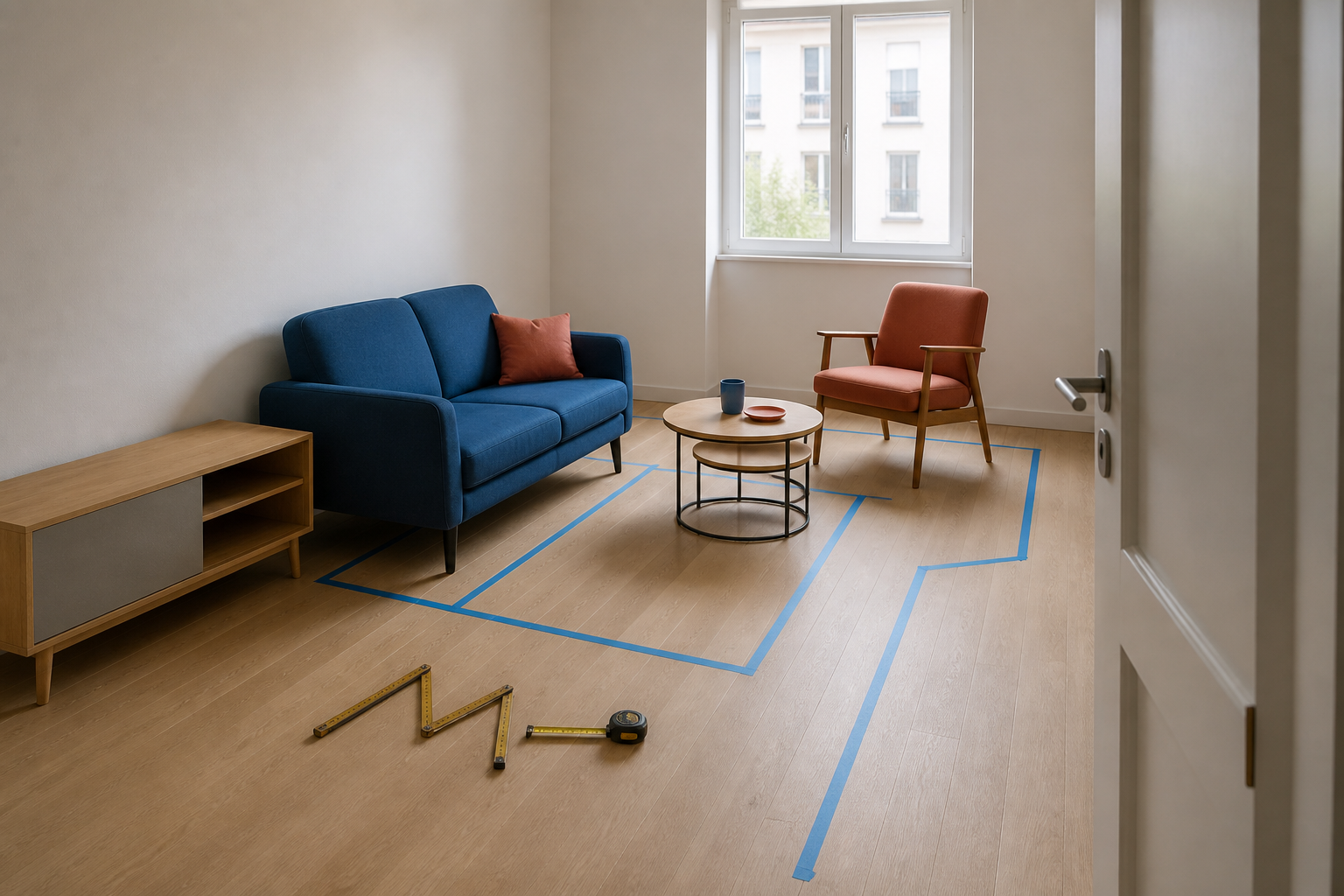 Compact living room with painter's tape marking furniture footprints and a clear route from the door