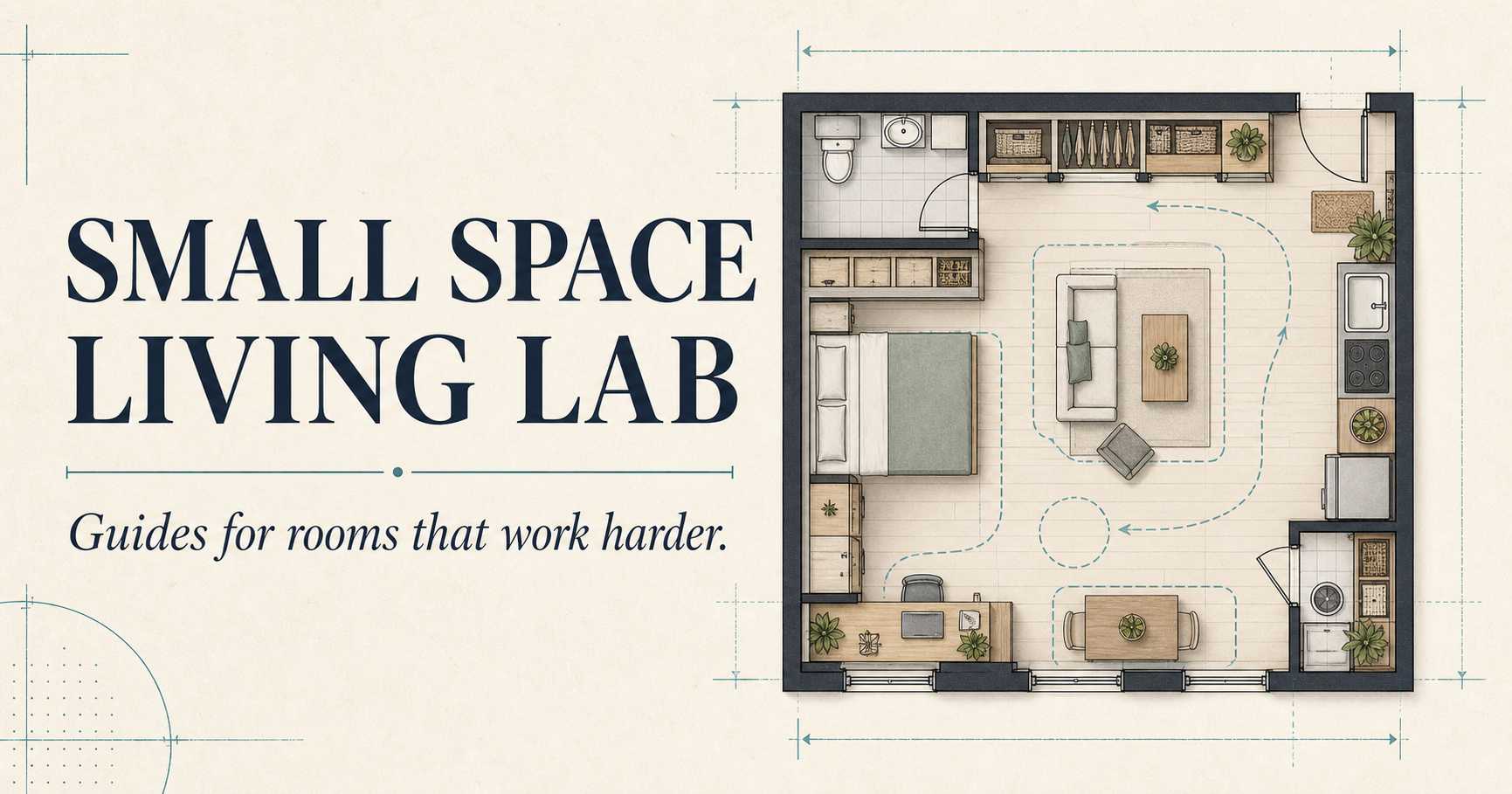 Illustrated floor plan of a compact apartment with clear activity zones