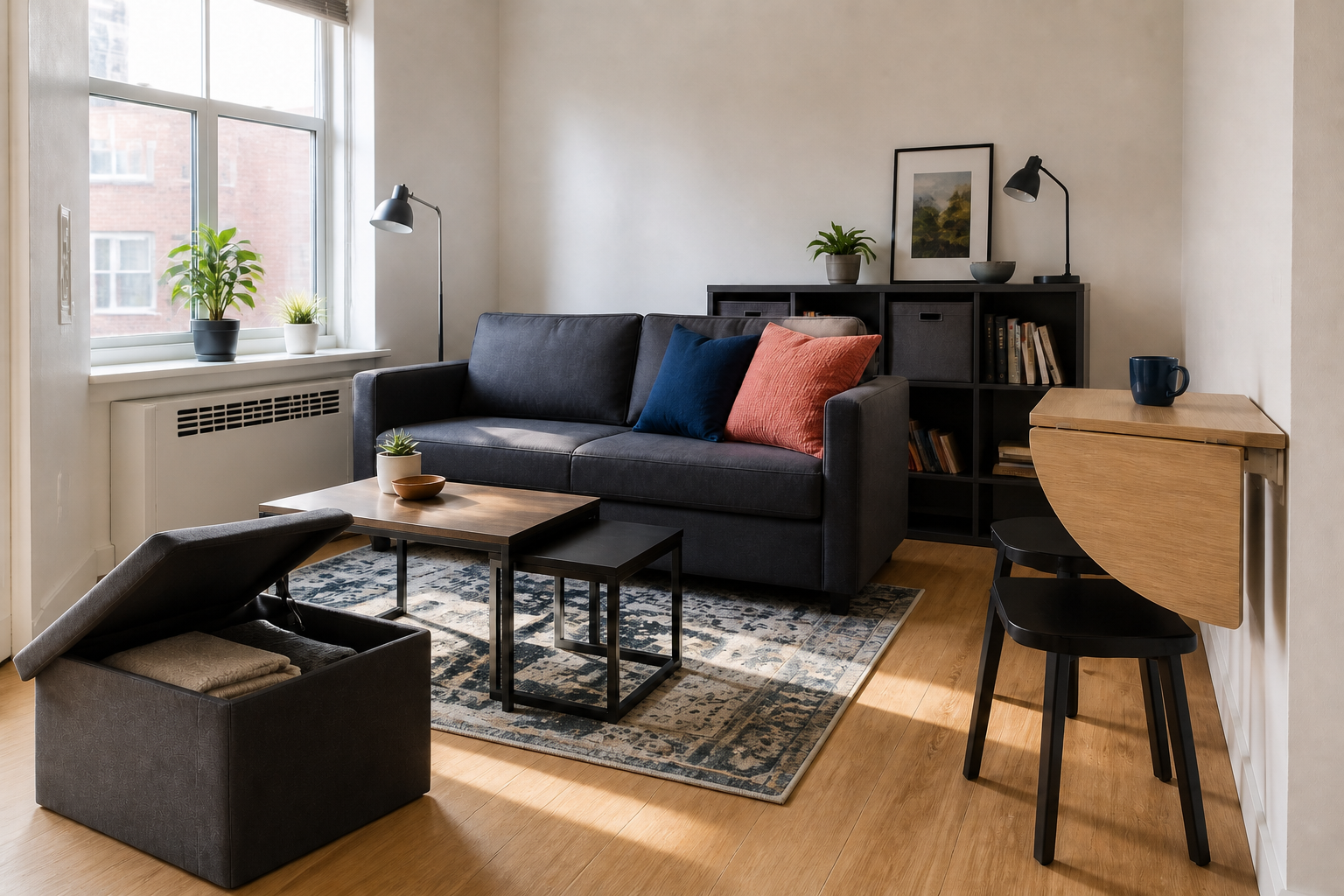 Small living room with storage ottoman, nesting tables, drop-leaf table and narrow shelving